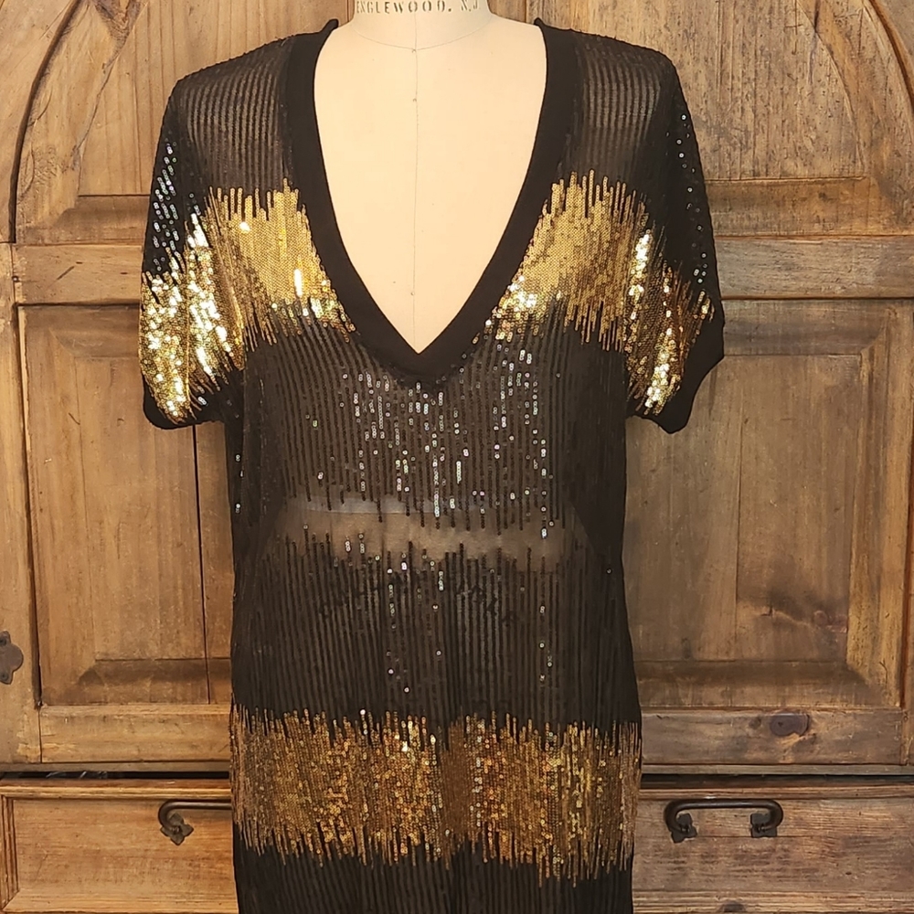 INC International Concepts Black Sheer Sequin Tunic with Gold Accents